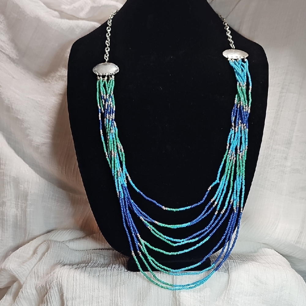 Chico's Blue and Green Beaded Necklace With Silvertone Hardware